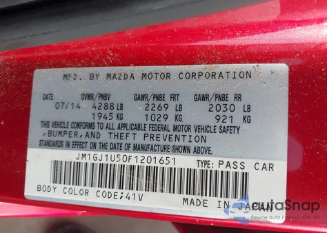 2015 Mazda Mazda6 I Sport z USA, uszkodzony, nr VIN JM1GJ1U50F1201651